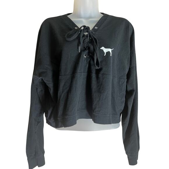 Pink Victoria Secret Woman's Black Lace-up Neckline Long Sleeve Crop Top S - Picture 2 of 8